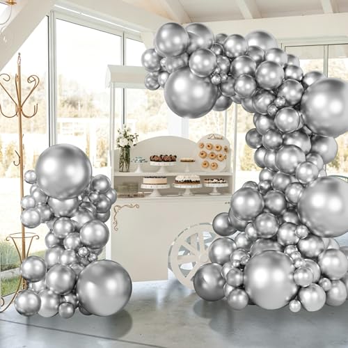 Image of Ouddy Party 129Pcs Metallic Silver Balloon Arch Garland Kit 18 12 10 5 Inch