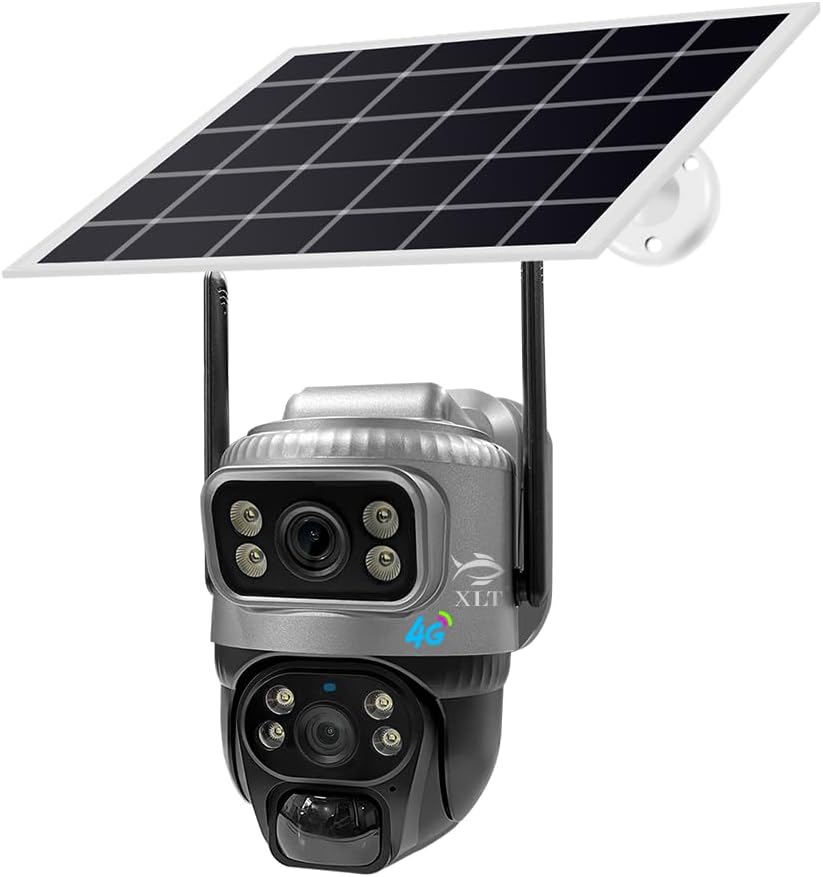 XLT 4G Sim Card Solar Camera PTZ 360°View Solar Powered Outdoor Security Camera with Dual Lens Night Vision, AI Human Detection, Two Way Audio, IP66 Works with Apps - 3MP