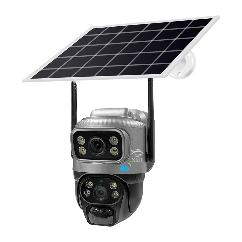 XLT 4G Sim Card Solar Camera PTZ 360°View Solar Powered Outdoor Security Camera with Dual Lens Night Vision, AI Human Detection, Two Way Audio, IP66 Works with Apps - 3MP