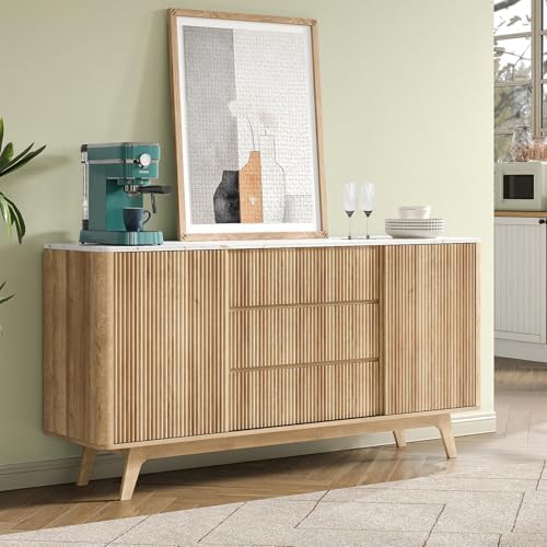 62" W Fluted Buffet Cabinet with Sliding Doors, Modern Sideboard Storage Cabinet with Power Outlet & 3 Drawers, Mid-Century Coffee Bar Table for Living Room, Dinning Room, Natural - 2