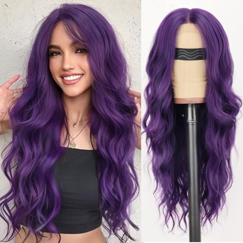 Image of AISI HAIR 【Beginner Friendly Wig Dark Purple Wig for Women, Long Wavy Lace Hairline Middle Part Synthetic Heat Resistant Wig for Daily Party-26 Inch