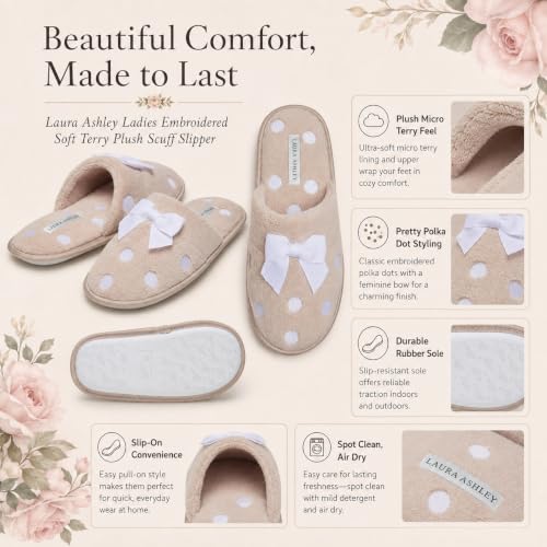 Image of Laura Ashley Ladies Embroidered Soft Terry Plush Scuff Slipper