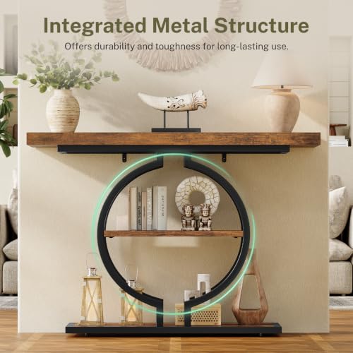 Image of TEENFON 41.3 inch Console Table, Industrial Sofa Table with Storage Shelves and Curved Metal Frame, Narrow Entryway Table for Hallway, Foyer, Living Room, Entrance