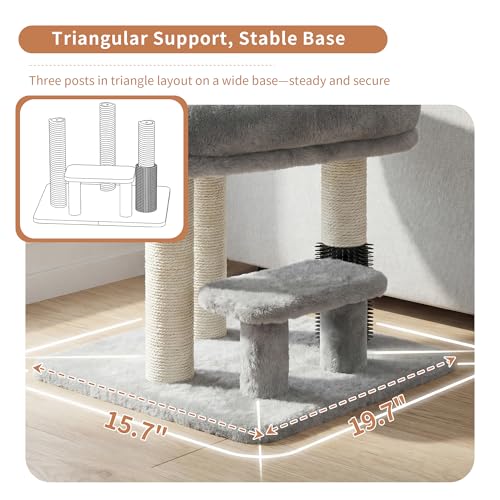 Image of Heybly Cat Scratching Post with Grooming Brush & Gentle Step, HSP001SW | Small Cat Tree with 4 Full Sisal Posts, Removable Plush Bed, Stable & Space-Saving Cat Furniture for Indoor Cats, Light Gray