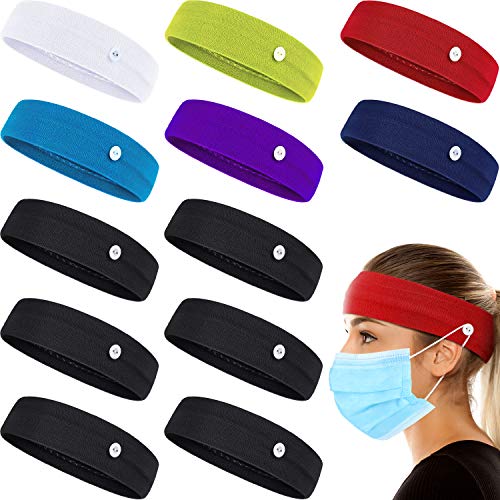 12 Pieces Button Headband Yoga Sports Workout Turban Headwrap Ear Protection Holder Headband Non-slip Elastic Sports Hairbands with Button (White, Yellow, Blue, Purple, Red, Navy Blue, Black)