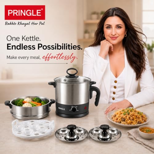 Image of Pringle 1.5L MultiChef Multi Kettle 3-in-1 Multipurpose Cooker | Egg Boiler, Steamer & Idli Maker | SS Stand | 1350W | 360 Rotating Base | 1 Yr Onsite Warranty | Silver
