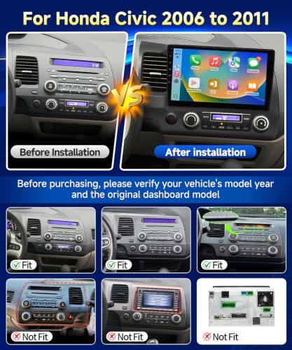 VQU Car Stereo for Honda Civic 2006 to 2011 Wireless Apple Carplay Android Car Radio for Honda Civic Android 13 5G WiFi GPS Navigation FM RDS EQ DSP SWC AHD Camera, 8-Core, 2G+64GB, Not for Aibag - image 2