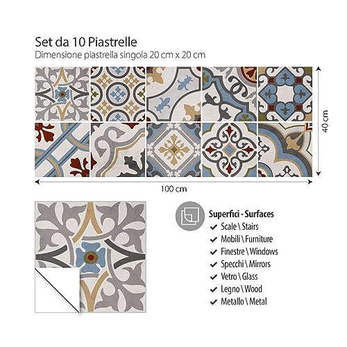RE-COVERTILES - Adesivi per Piastrelle Bagno e Cucina 10 Pz 20x20 cm - PS00171 Decorazione murale in PVC Impermeabile mattonelle Mosaico Stile cementine Azulejos