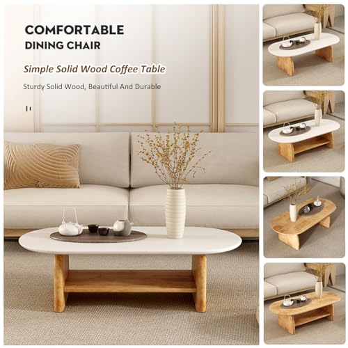 Table basse double couche 140 cm blanche en bois massif de salon