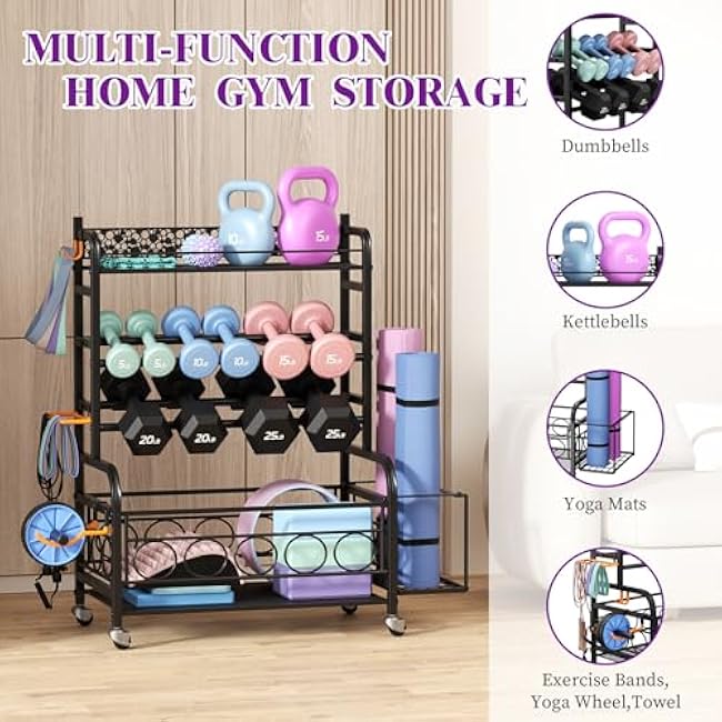 Dumbbell Rack, VOPEAK Weight Rack for Home Gym, Home Gym Storage Rack for Yoga Mat Kettlebells and Strength Training Equipment, Weight Storage Rack for Dumbbells with Wheels