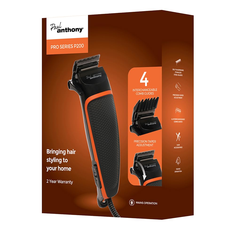 Paul Anthony 'Pro Series P200' Corded Hair Clipper- Lightweight - Self Sharpening Stainless Steel Blades - 4 Interchangeable Comb Guides - Precision Taper - Powerful Quiet Motor - Black/Orange - H5124