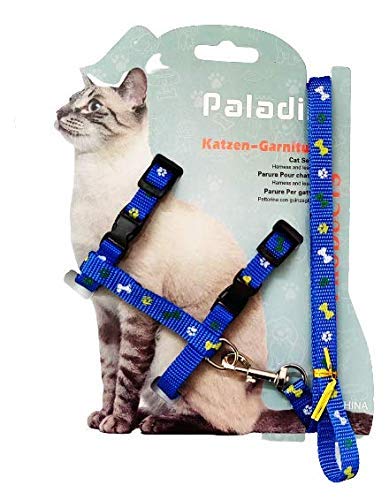 Pet Monastry Cat Adjustable Nylon Harness Strap Collar with Leash Set Small Pet Walking Body Harness Set for Cat & Kitten (Blue, Printed)