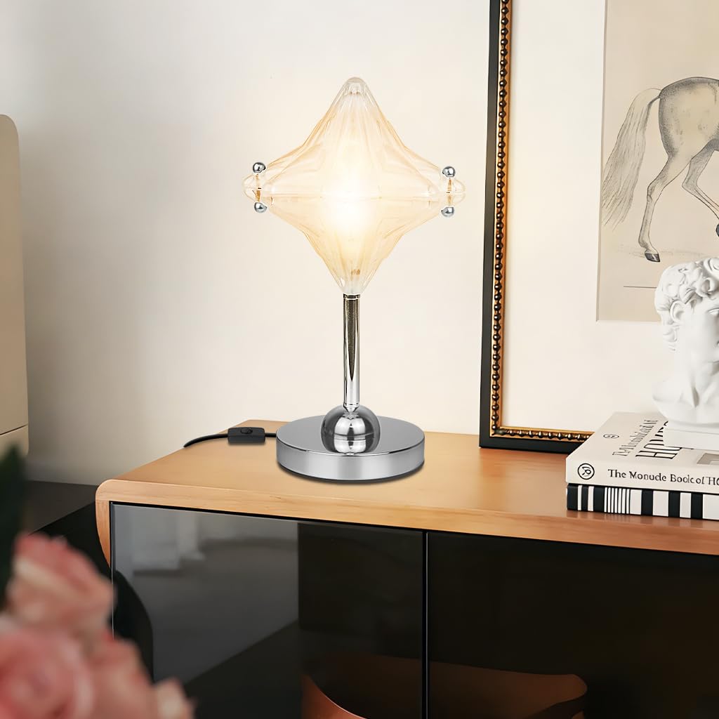 Nachttischlampe Modern,Tischlampe mit Chromfuß und Glas Schirm,Tischlampe Chrom,Schreibtischlampe E27 für Schlafzimmer,Arbeitszimmer,Kinderzimmer,Deko Leuchte,Enthält Glühbirne,12W,3 Farbentemperatur