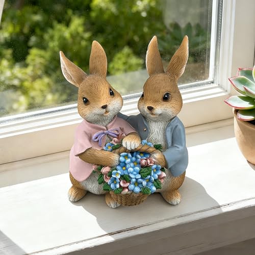 Estatua pareja de conejos con canastas decorativas miniatura 6