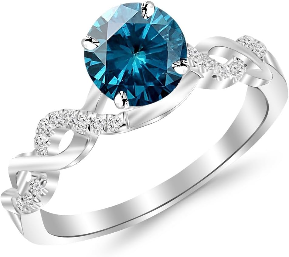 1.13 Carat 14K White Gold Twisting Infinity Gold and Diamond Split Shank Pave Set Diamond Engagement Ring with a 1 Carat Blue Diamond Center (Heirloom Quality)