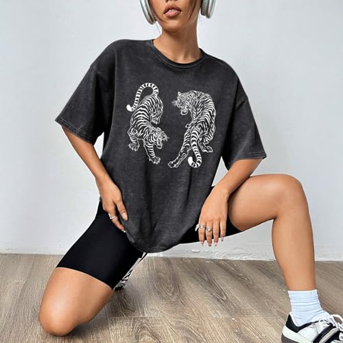 Tiger Graphic Tees Shirt for Women Oversized Streetwear Shirts Acid Wash Tshirt Tigers Print Cotton Summer Tops4