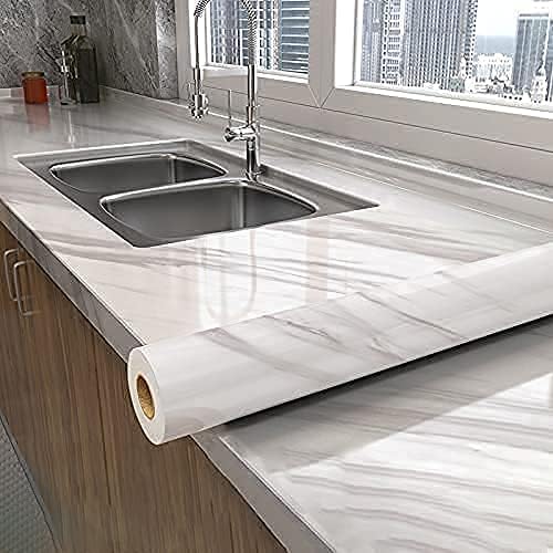 Marble Contact Paper Granite Gray/White Wallpaper Glossy Marble Wallpaper Peel and Stick Wallpaper Self Adhesive 16"x120" Countertop Paper for Cabinet Kitchen Countertop Furniture Viny Film Roll
