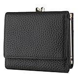 Karoukee Mini Cartera Trifold para Mujer, Portatarjetas con Bloqueo RFID, Monedero Compacto de Cuero Genuino con 8 Ranuras para Tarjetas y Bolsillo con Cierre de Beso - Negro