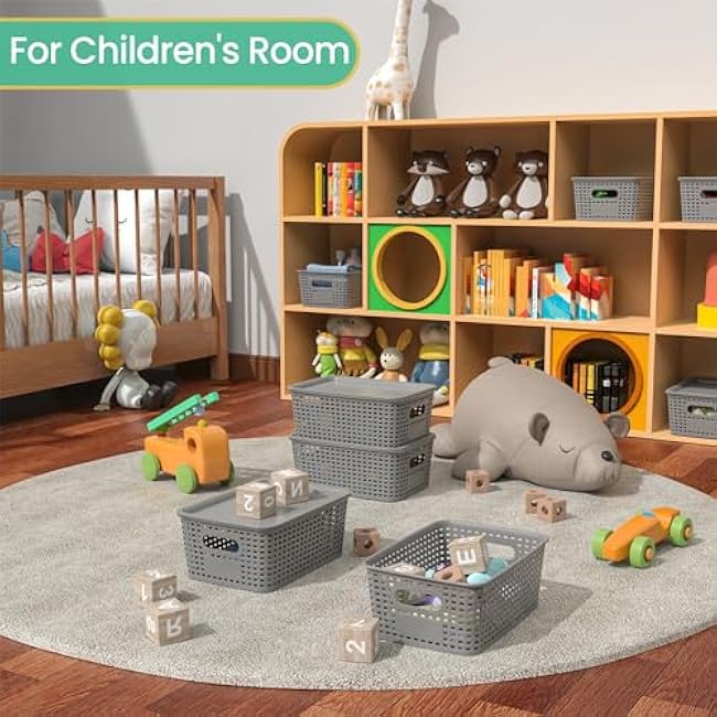 Plastic Storage Baskets with Lid-Plastic Storage Containers Stackable Storage bins: Storage Baskets for Organizing Shelves Drawers Desktop Closet Playroom Classroom Office, 8Pack-Gray,10.2x7.2x4.1Inch