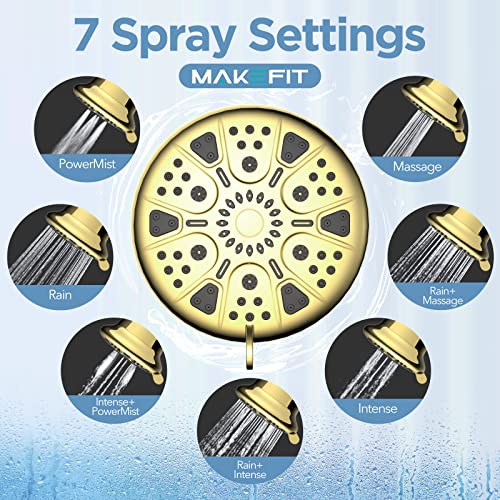 Makefit Filtered Shower Head - High Pressure Shower Head With Filter For Hard Water - Rain Shower Head Water Softener - Luxury 7 Settings Adjustable Water Filter Showerhead (Gold) #TOP3