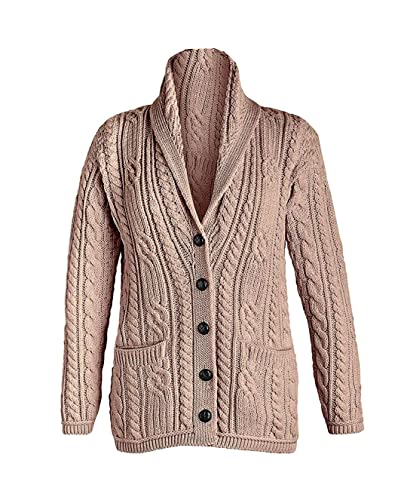 Aran Woollen Mills Merino Wool Cable Knit Irish Shawl Cardigan Sweater for Women Made in Ireland (Wicker Large)