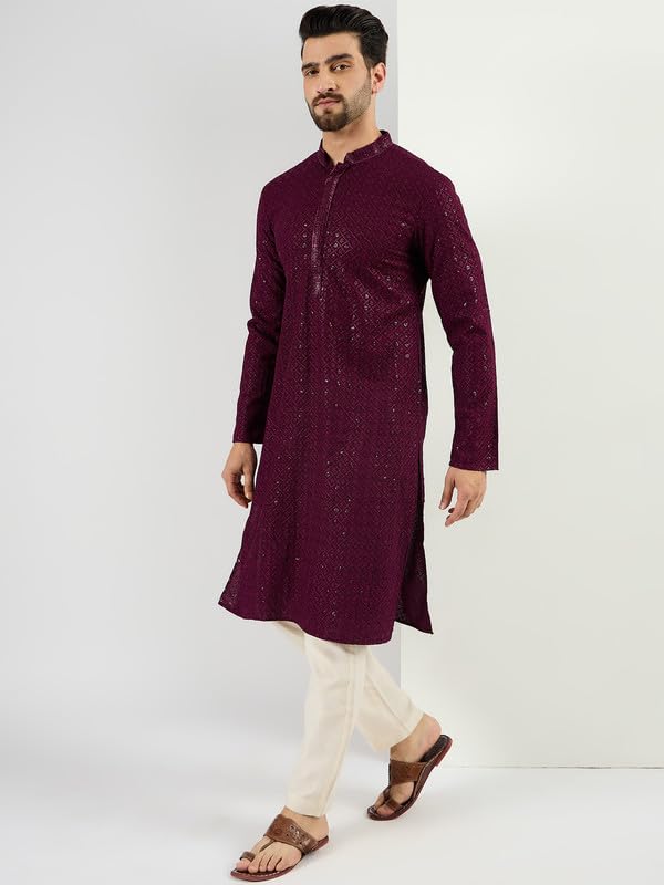Image of Men's Solid Embroidered Long Straight Kurta | Men's Kurta | Embroidered Chikankari Kurta for Men | Straight Fit Kurta for Men