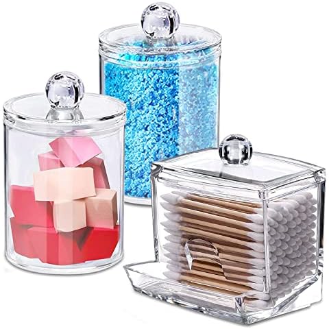 Protecu Qtip Holder Apothecary Jars Plastic Qtip Dispenser Clear Containers with Lids | Bathroom Canisters Makeup Organizer for Cotton Ball Swab Rounds Sponge Pad (3 Pack, 2 11 Oz 1 9 Oz) Cover