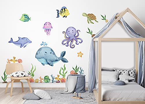 Murwall Kids Undersea Wall Decal Cute Whale with Sea Animals Wall Stickers Little Fish with Seaweed Wall Decals - Image 3