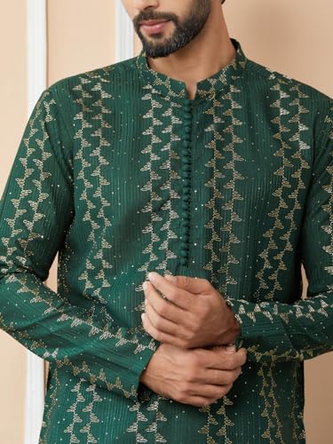 Image of See Designs Men's Long Sleeve Mandarin Collar Side Slit Embroidered Thread Work Sequinned Chanderi Silk Straight Kurta with Pyjama