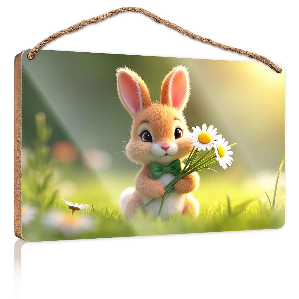 Fun Signs For Home Decor A Cute Bunny Holding Daisies In A Sunny Field. Farmhouse Signs Desk Accessories For Men(15X28CM)