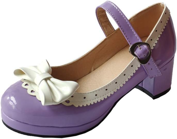 ELFY Women's Cute Lolita Cosplay Shoes Bow Mid Chunky Heel Mary Jane Pumps