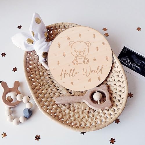 Image of Wooden Hello World Birth Announcement Sign - Teddy Bear Theme Baby Welcome Card for Newborn, Wood Birth Announcement Discs, Wooden Baby Cards First Year, Baby Shower Gift, Gift for Newborn