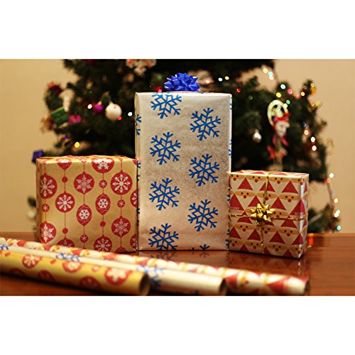 Christmas Holiday Gift Wrapping Paper Rolls Recycled Kraft Xmas Assorted Gift Wrap Pack of 3 Rolls Whimsical Santa, Blue Snowflakes in Silver, Gold and Red Ornaments Heavy and Premium Metallic Kraft