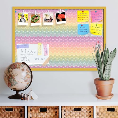 Image of ArtzFolio Wavey | Bulletin Board Notice Pin Board | Vision Soft Board Combo with Thumb Push Pins & Sticky Notes | Golden Frame | 18 x 12 inch (46 x 30 cms)
