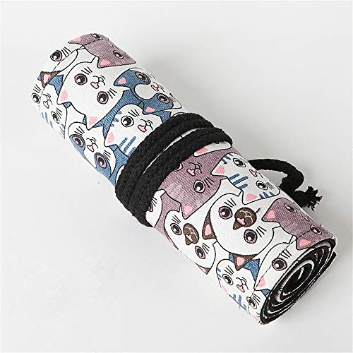 Image of Funny live 24 /36 /48 /72 Slots Colored Pencil Wrap Roll up Pen Holder Case Drawing Coloring Pencil Roll Organizer Stationery Case for Student Artist Traveler (Big-Head Cats, 24 Slots)