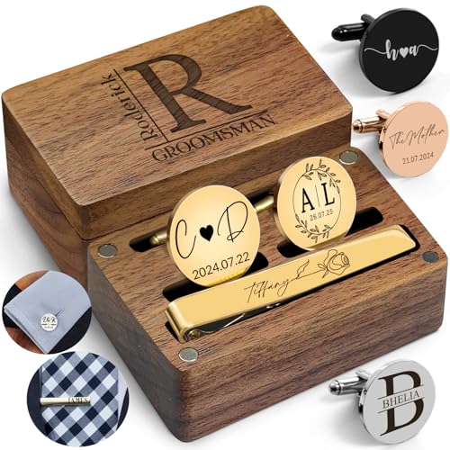 Custom Cufflinks for Men Personalized Engraved Cufflinks Tie Clip Set with Wood Box Customized Name Initials Cuff Link Gift for Wedding Grooms Father Business