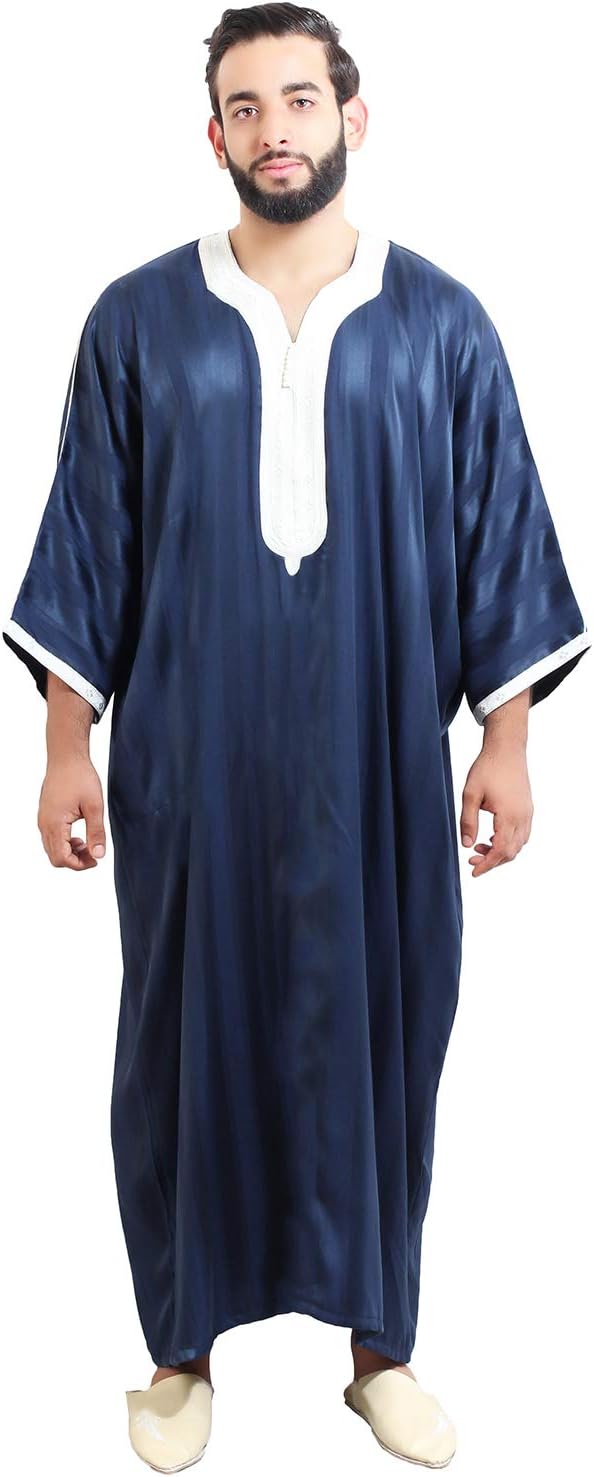 Moroccan Men Dress Caftan Handmade With Embroidery Tread Long Sleeve Navy