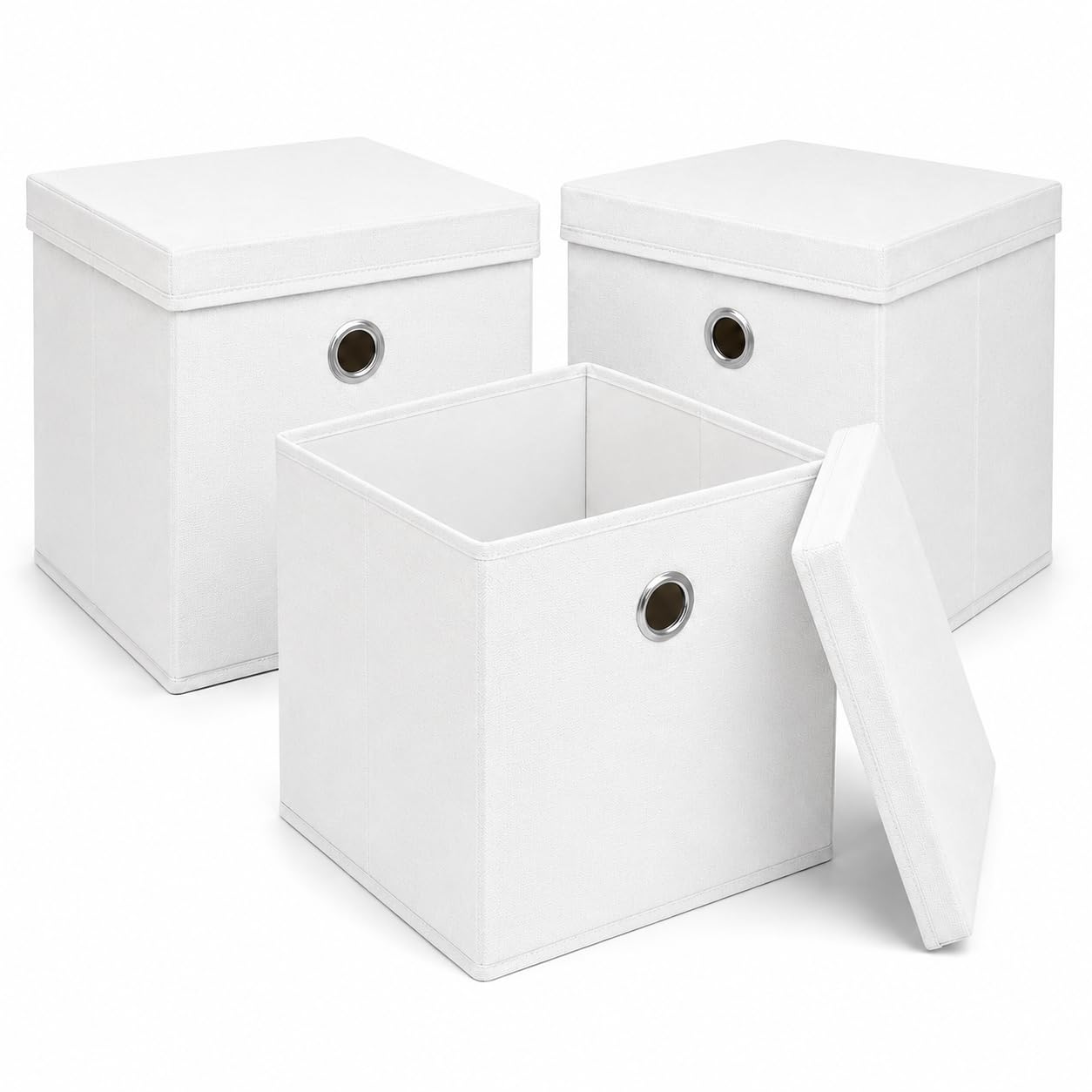 Set of 3 Fabric Storage Cube Box with Lid, Foldable Fabric Storage Basket, Non-Woven Storage Organiser Bin with Handle for Clothes, Toys, Books, Shelves, Wardrobes & Home Storage (White, 35x35x35cm) — image 1