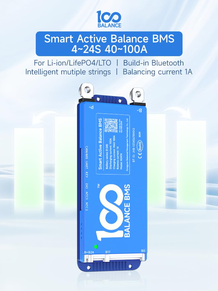 100BALANCE-Smart BMS Voll funktionsfähige Lithium-Batterieschutzplatine für Batterielade-/Entladesteuerung mit aktivem Balancing Bluetooth-Kommunikation (RS485/CAN+BT+UART, 100A 8-17S)