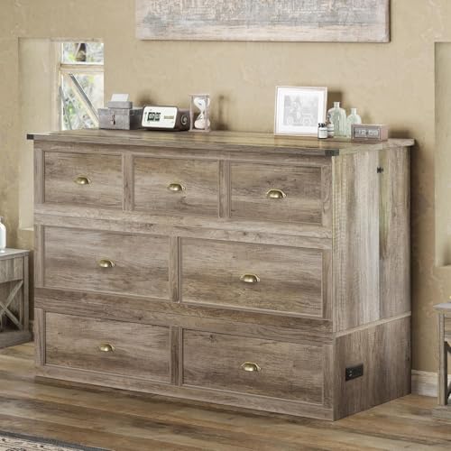 Image of AMERLIFE Queen Size Murphy Bed, Farmhouse Wooden Cabinet with Charging Station and Storage Drawer for Bedroom /Office /Guest Room, Grey Oak