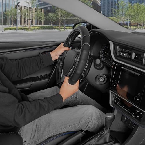 Image of Motor Trend GripDrive Faux Black Leather Steering Wheel Cover for Car Truck Van SUV, Standard 15 inch Size, Gray Accent Stitched Car Steering Wheel Cover Vehicle & Auto Accessories