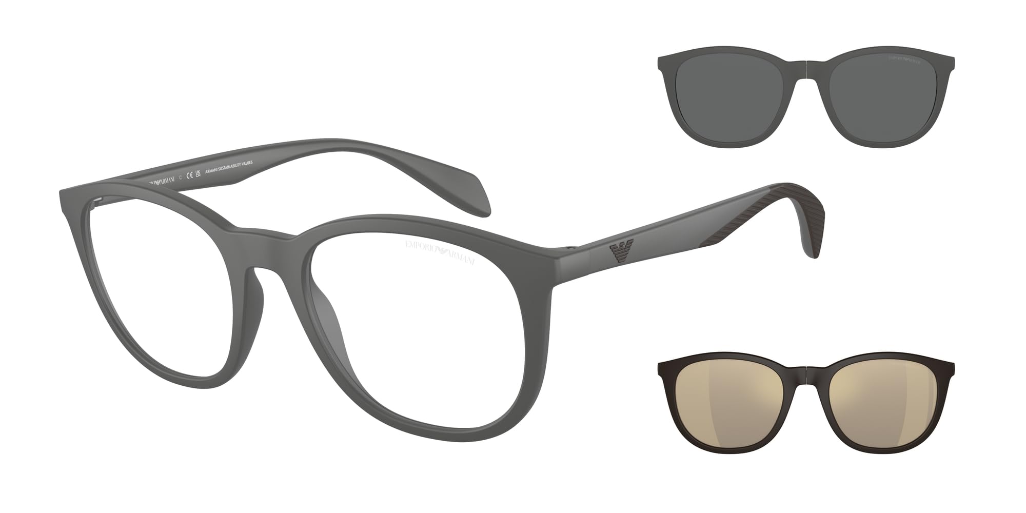 Emporio Armani Men's EA4211F Low Bridge Fit Prescription Eyewear Frames with Two Interchangeable Sun Clip-Ons Round, Matte Grey/Clear, 53 mm