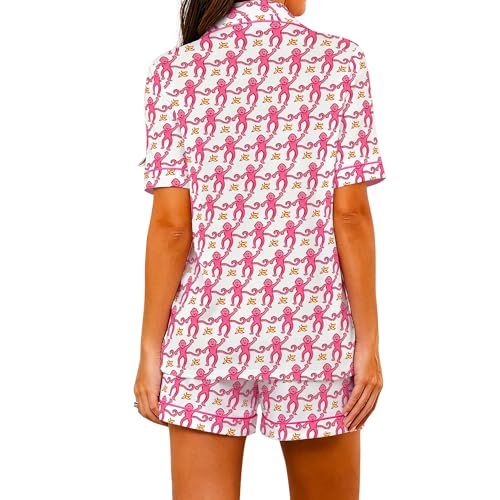 Ammiko Womens Pajamas Set Y2k Loungewear Pajama Button Down Top and Shorts Monkey Beach Short Sleeve Sleepwear Preppy2