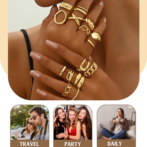 XSDSLS 16 Stück Gold Ringe für Damen Chunky Rings Klobige Ringe Knuckle Offene Verstellbarer Ring Stapelbare Fingerring Gold Chunky Dome Dicke Offene Rings Set Stapel für Frauen