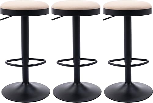 CIMOO Juego de 3 taburetes de bar redondos ajustables para encimera de cocina silla giratoria de altura de bar silla de isla industrial de piel
