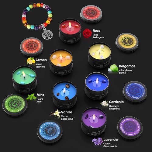 7 Chakra Candles Crystal Candles with Crystal Healing Stones & Bracelets Meditation Scented Candles Gift Set Stress Relief Spiritual Decor Healing Candles for Positive Energy Yoga Cleansing Relaxation