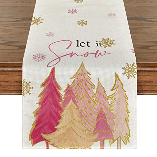Artoid Mode Rosa Weihnachtsbaum Let It Snow Schneeflocke Tischläufer, saisonale Winterküche, Esstischdekoration für Zuhause, Party, Outdoor, 33 x 183 cm Cover