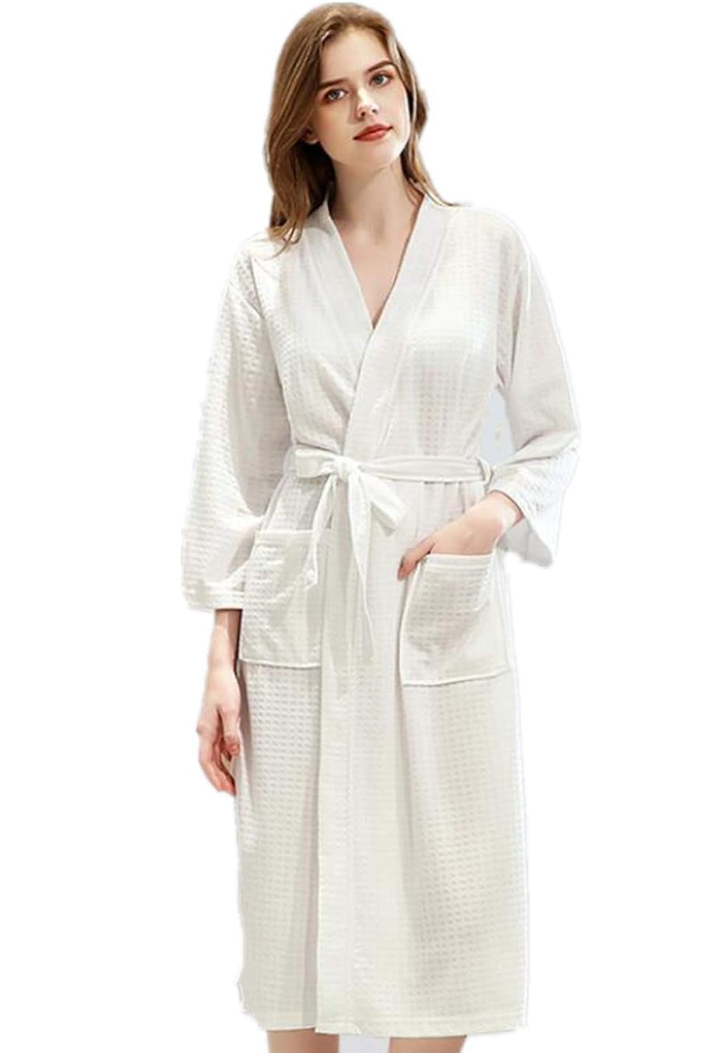 Women Bathrobe Waffle Weave Lightweight Kimono Spa Bathrobe for Lady, White, Suitable for 60-80kg - One Size
