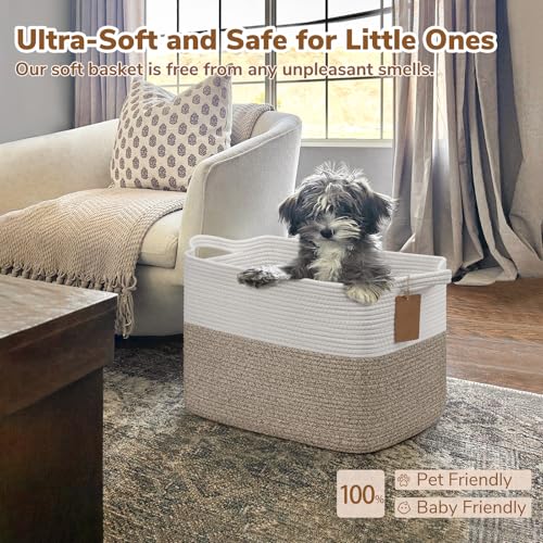 Image of Goodpick 50L Large Woven Rope Storage Basket, Rectangle, Light Brown | 18 inch x 14 inch x 12 inch Stylish Gift Baskets for Living Room & Bedroom Organization, Cotton Rope Basket for Blanket & Toy Storage