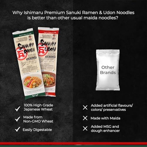 Image of Ishimaru Sanuki Udon & Sanuki Ramen Noodles - 600 grams /300gms each (Pack of 2) | Made in Japan | Highest Grade 100% Japanese Wheat | No Maida, No Preservatives, Not Fried but Dried, No MSG